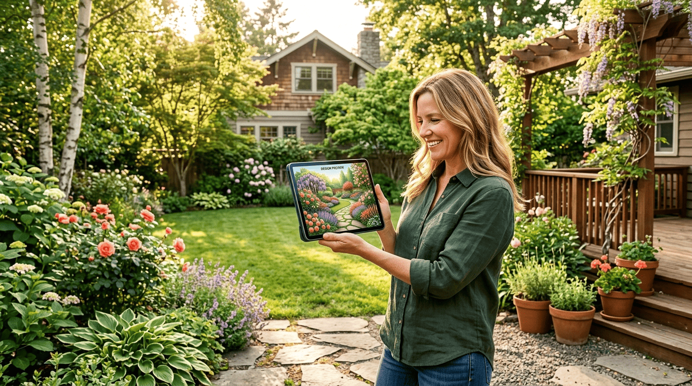 Homeowner in a sunny backyard holding a tablet showing an AI-rendered garden design of that same yard