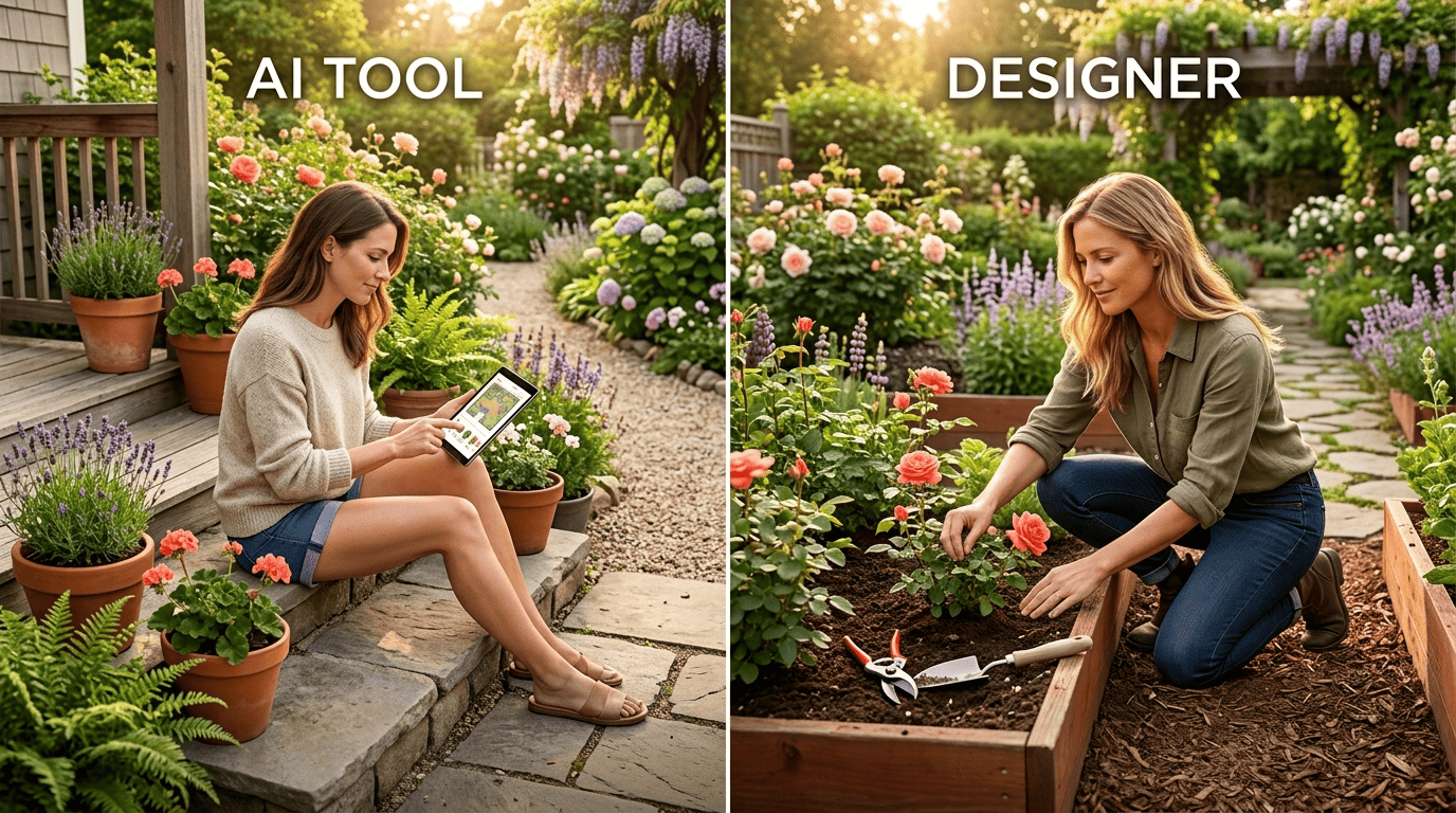 Split comparison: a homeowner using an AI garden design app versus a professional designer inspecting soil in a garden bed