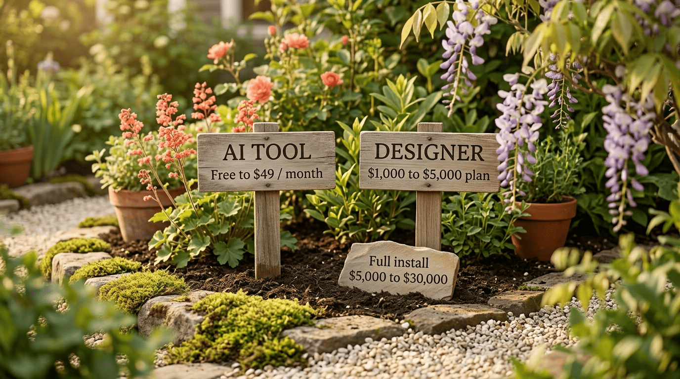 Garden signs comparing costs: AI tool free to $49 per month versus designer $1,000 to $5,000 plan and $5,000 to $30,000 full install