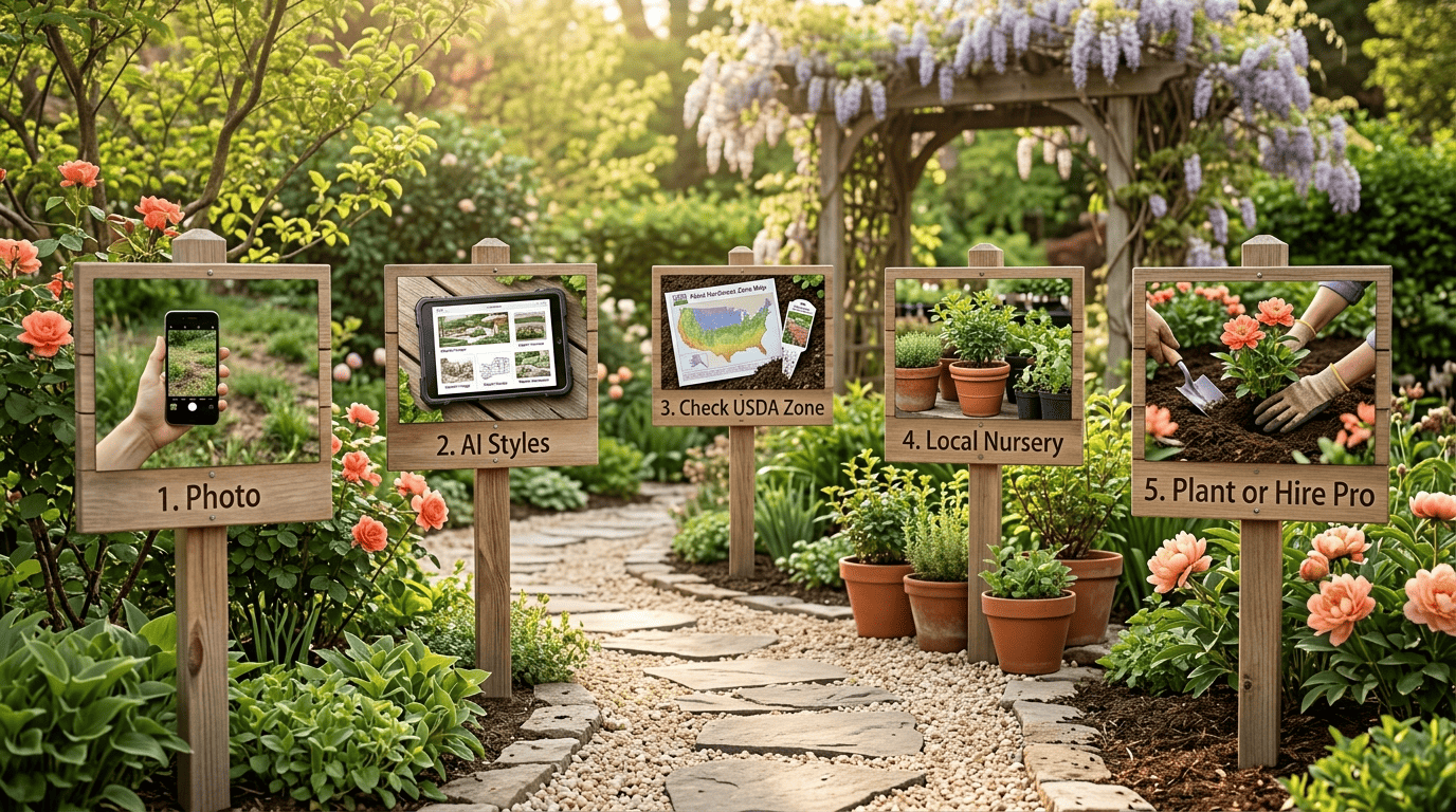 Five-step garden planning process: photo, AI styles, check USDA zone, local nursery, plant or hire a pro