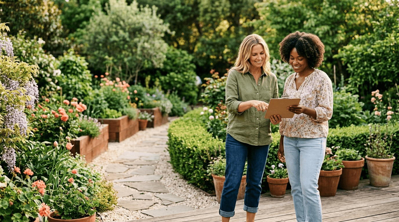 A garden designer and a homeowner reviewing a garden plan together in a lush sunlit backyard