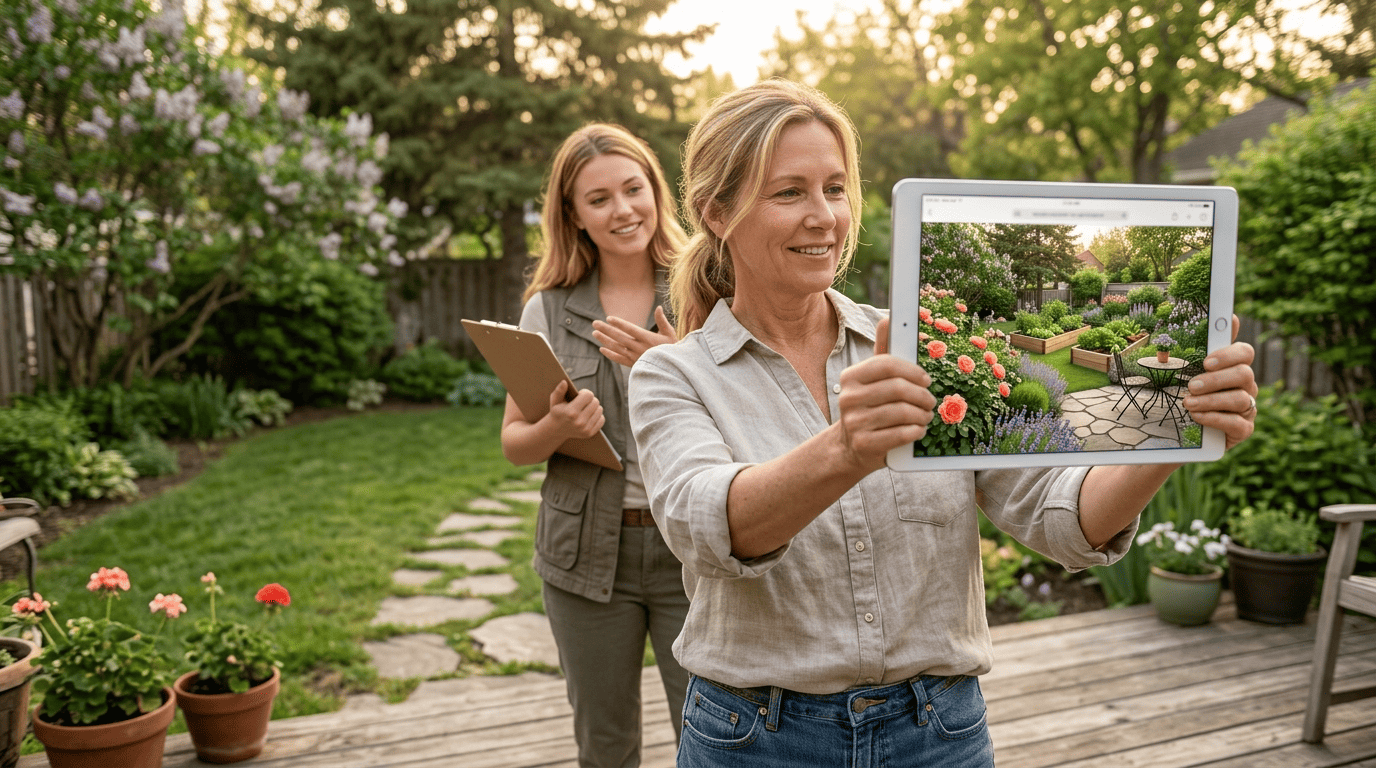 Homeowner in a backyard holding a tablet that shows an AI redesign of the same yard as a lush planted garden