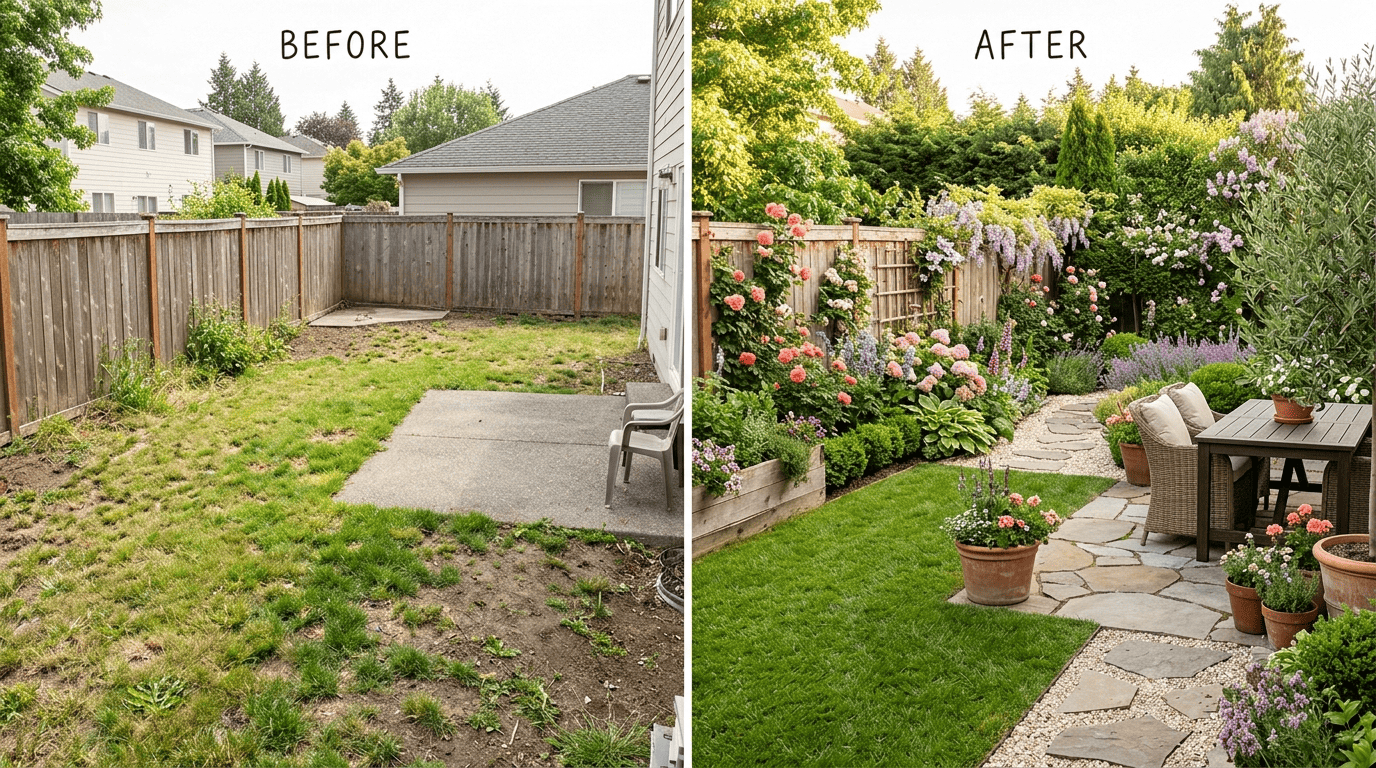 Before and after split-screen of the same backyard: a bare patchy yard transformed into a lush planted garden with flower borders and a stone path