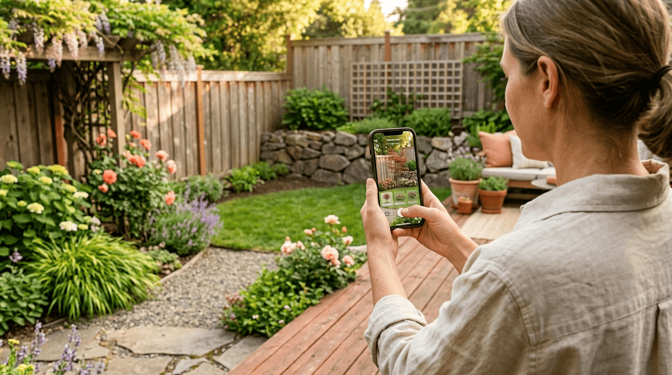 Person holding a phone up to an empty corner of their yard, with an augmented-reality preview placing a Japanese maple and shrubs on the live camera view