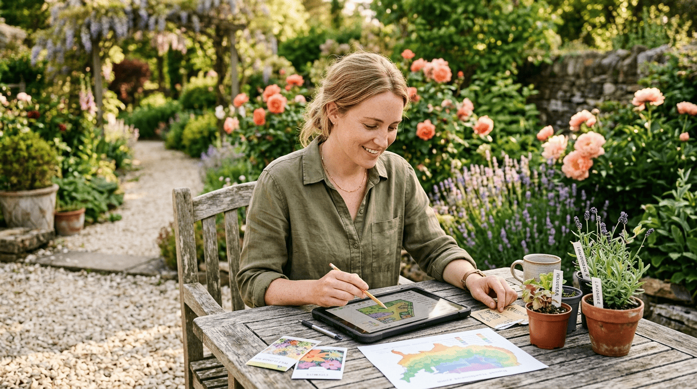 Garden designer at an outdoor table reviewing a planting plan on a tablet next to plant tags, a hardiness zone map, and potted nursery plants