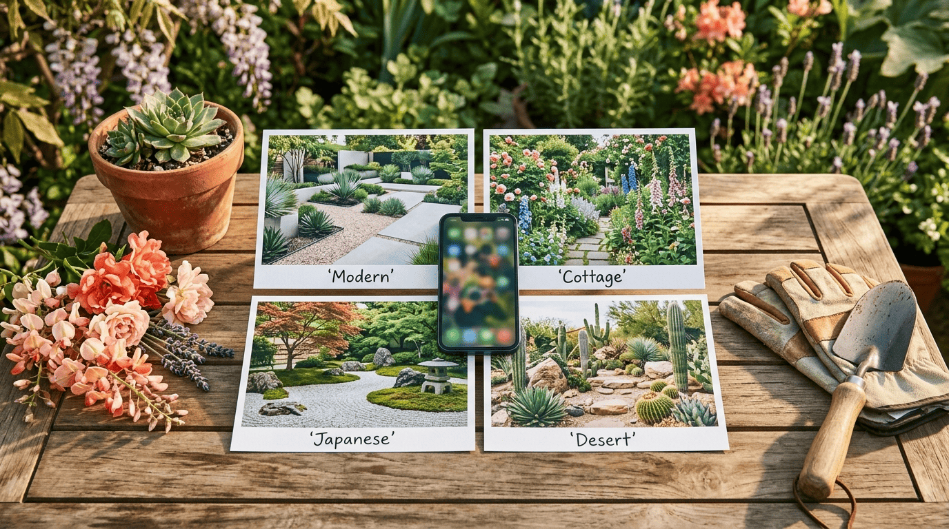 Overhead flat-lay of four garden style photo cards labeled Modern, Cottage, Japanese and Desert around a phone, with a terracotta pot and garden gloves