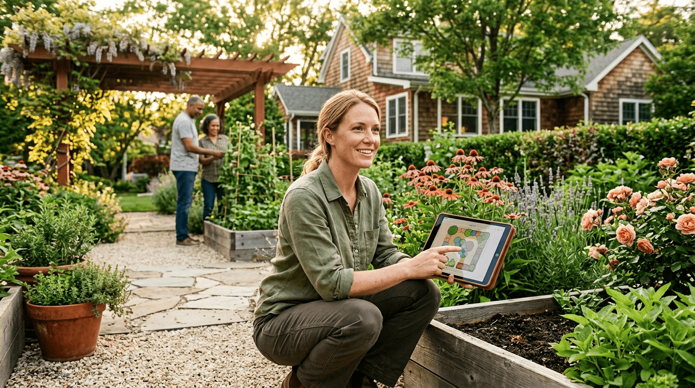 Garden designer reviewing an AI planting plan on a tablet in a thriving flower bed