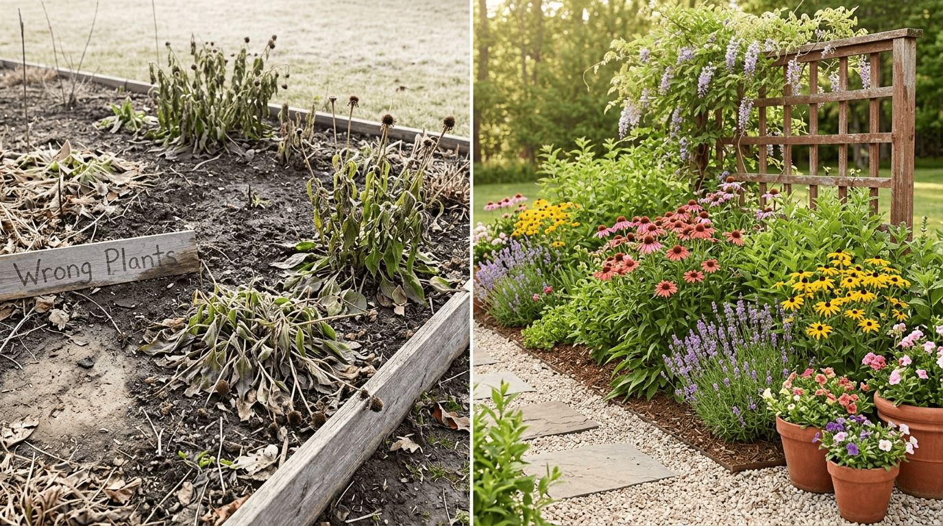 Before-and-after of the same bed: wrong plants frost-damaged versus zone-appropriate plants thriving