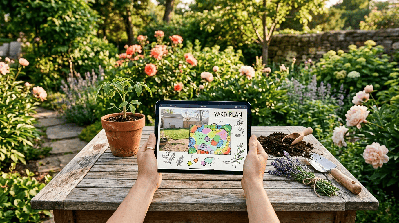 Tablet showing a yard photo turning into a planting plan, beside soil, a seedling and lavender