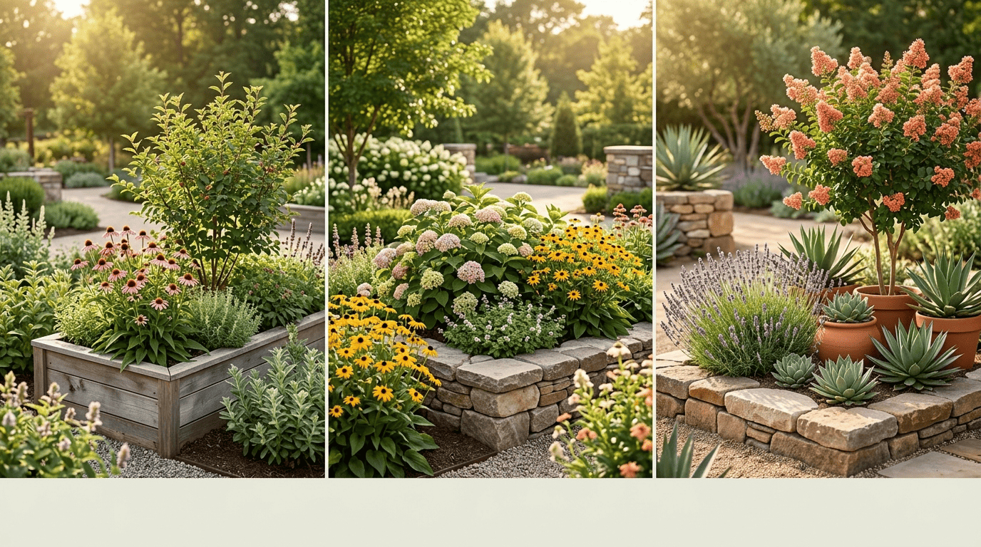 Three garden beds side by side showing cold, temperate and warm climate plant palettes