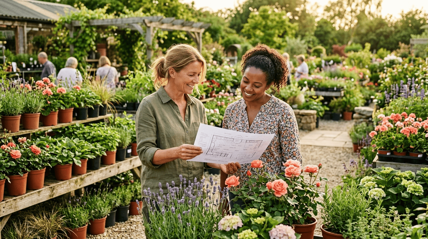 Garden designer and homeowner reviewing a printed planting plan together at a local garden center