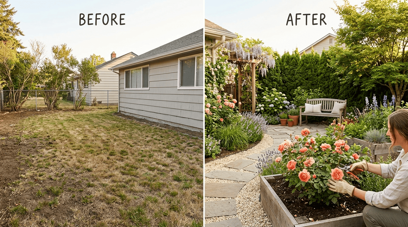 Before-and-after split of the same backyard: a bare patchy lawn on the left, a designed garden with raised beds, stone path and layered borders on the right