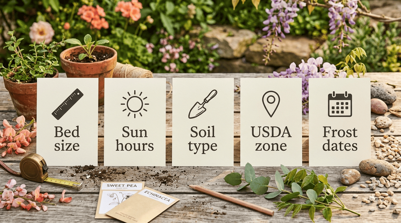 Five garden-planning input cards on a cedar table: Bed size, Sun hours, Soil type, USDA zone and Frost dates, with a measuring tape and seed packets