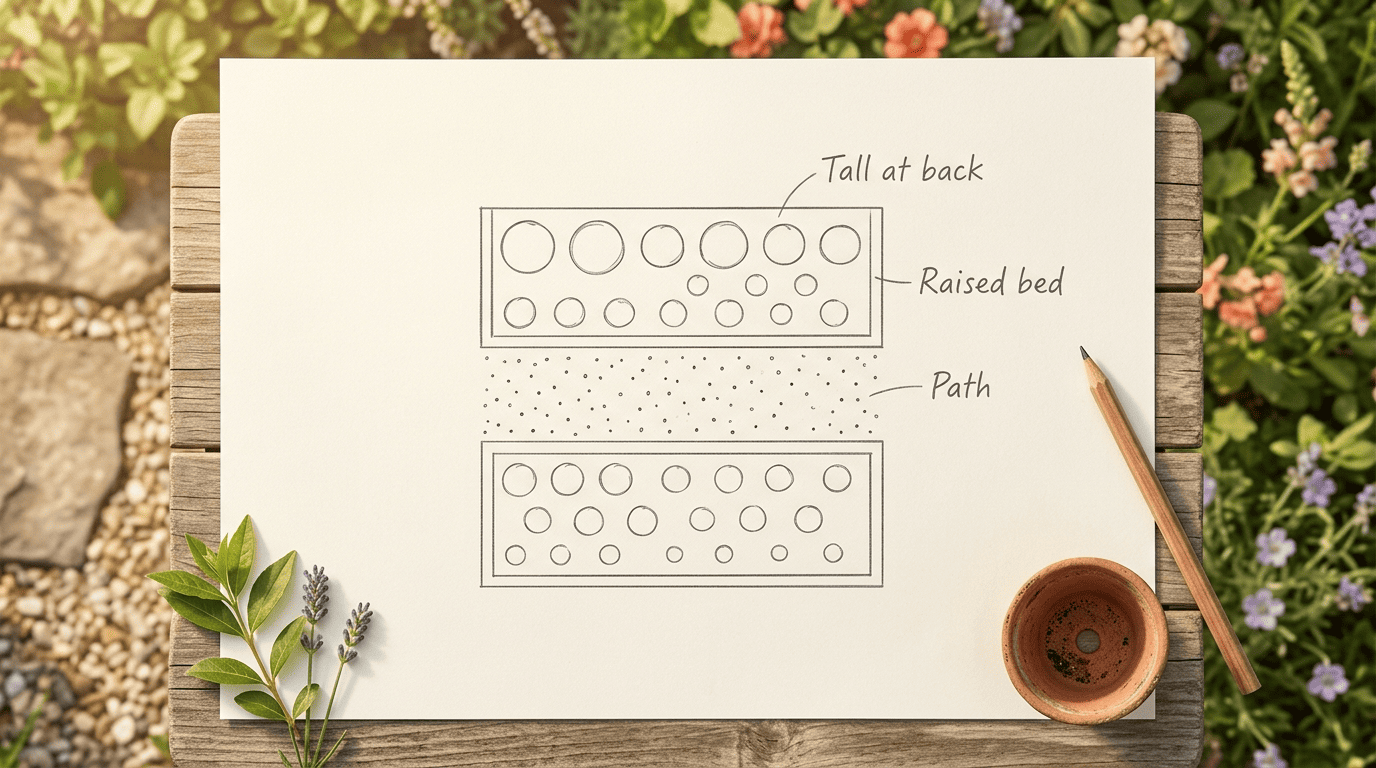 Hand-drawn top-down garden layout plan on paper: two raised beds with plants arranged tall at the back to short at the front, and a gravel path running between them