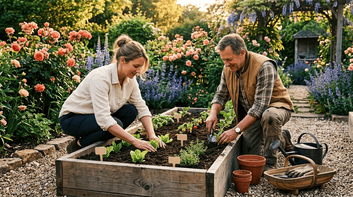 Two gardeners kneeling at a cedar raised bed, evenly spacing and planting young seedlings into dark soil with wooden plant labels in the rows