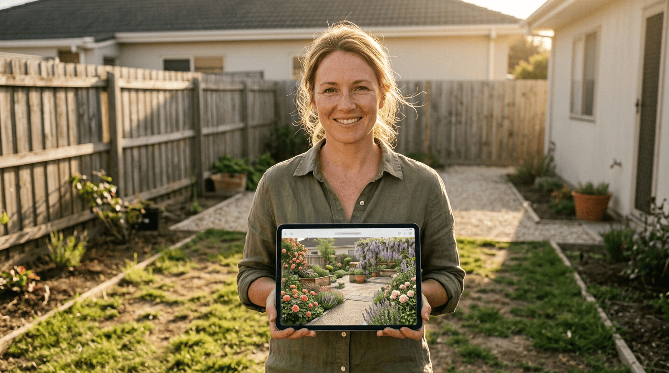 A garden designer holds a tablet showing a lush redesigned garden over a bare backyard