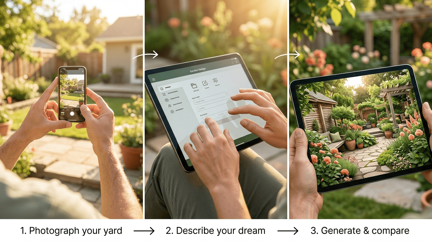 Three-step process: photographing a yard, describing it in an app, and a finished garden render