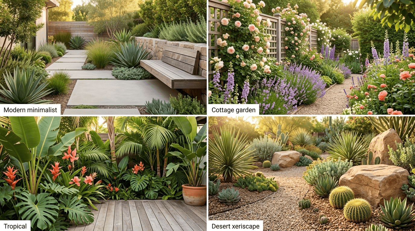 Grid of four backyard design styles: modern minimalist, cottage garden, tropical, and desert xeriscape