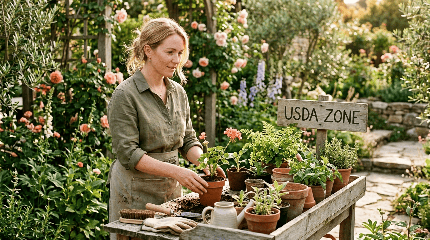 Garden designer choosing potted plants beside a USDA hardiness zone sign