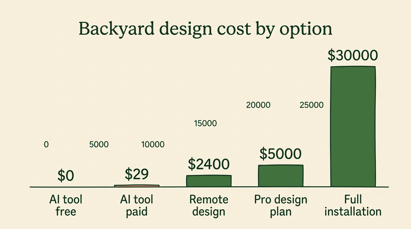 Bar chart of backyard design costs by option from free AI tools to full professional installation