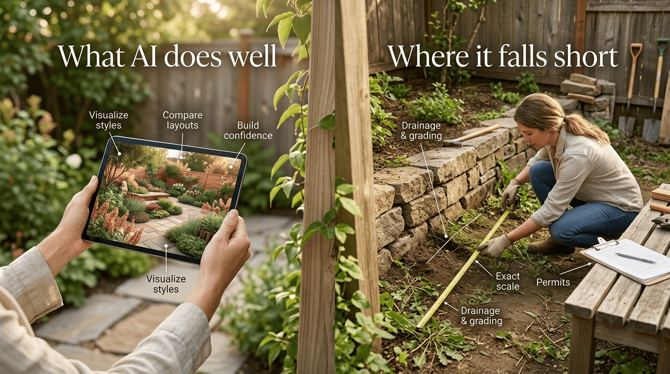 Split comparison of what AI does well versus where it falls short in backyard design