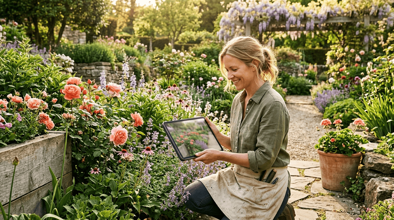 A garden designer previewing an AI flower bed redesign on a tablet in a sunny flower border