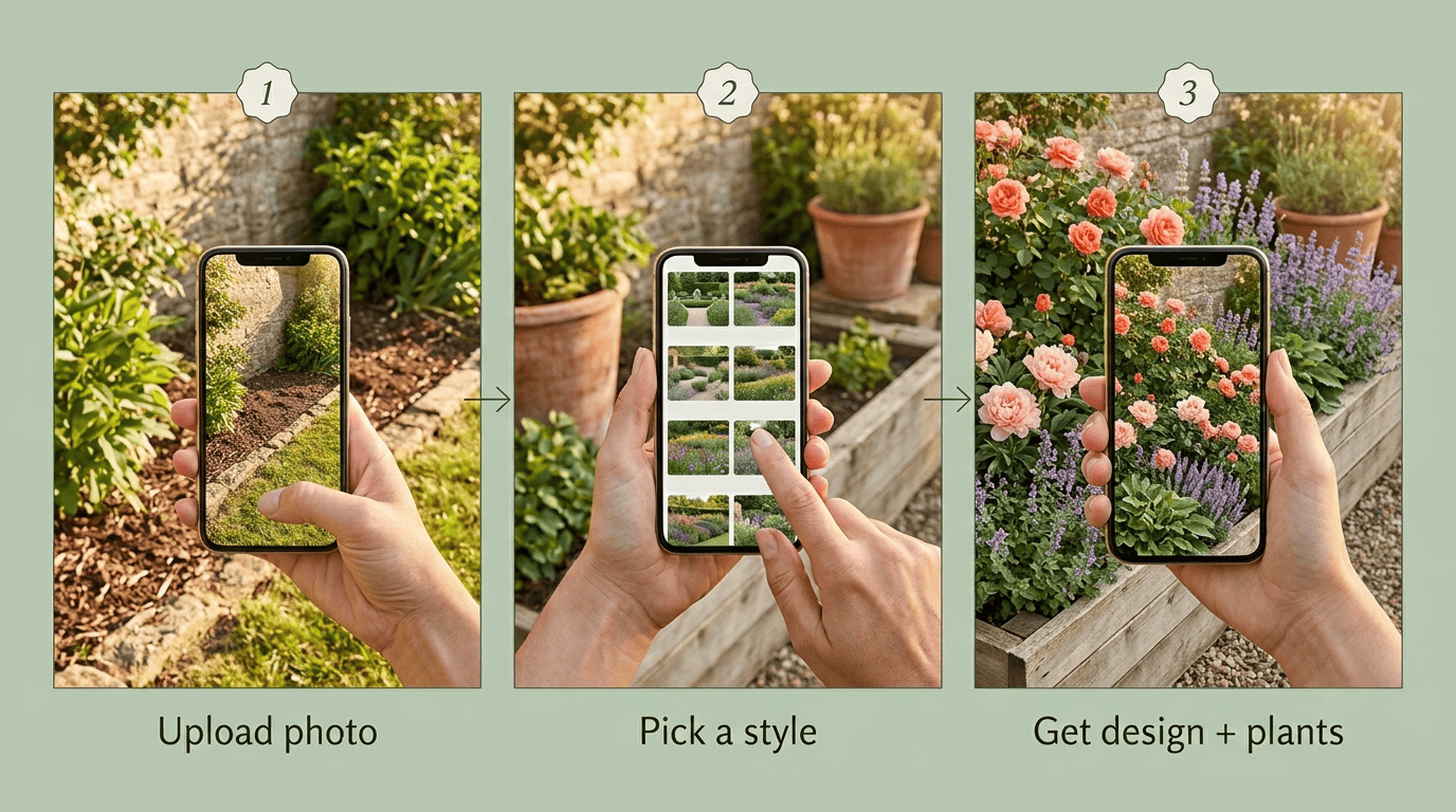 Three-step process of AI flower bed design: upload a photo, pick a style, get a design and plant list on a phone