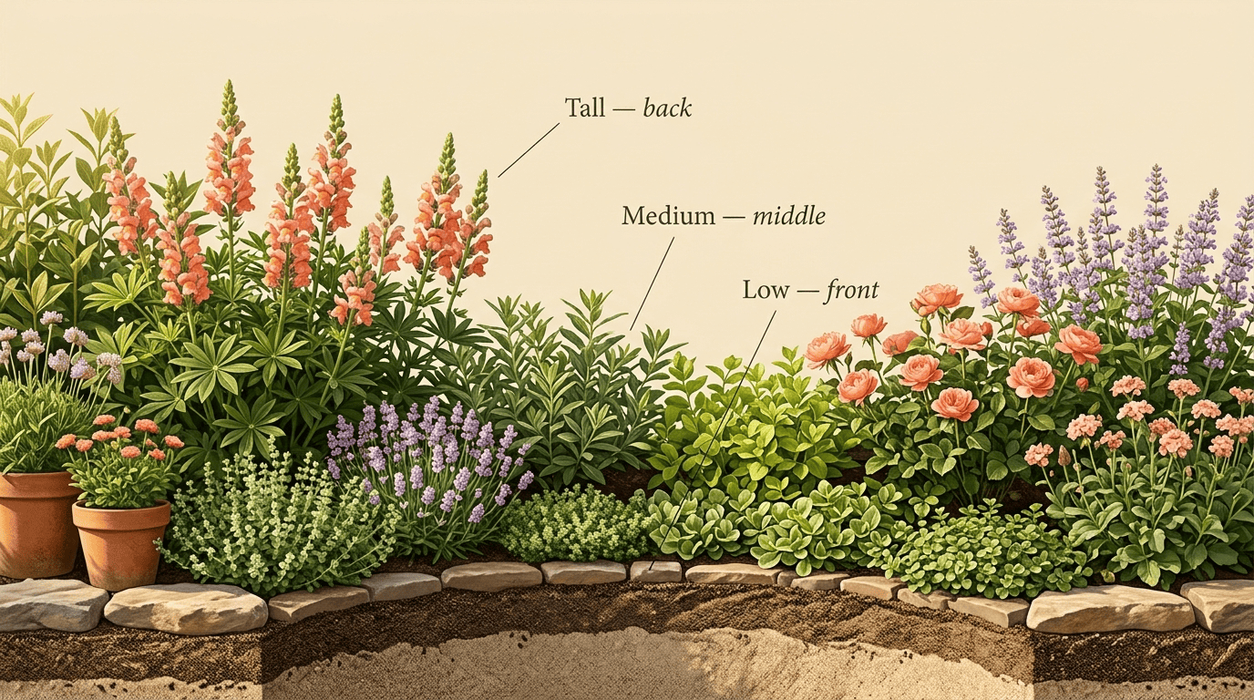 Cross-section diagram of a flower border showing tall plants at the back, medium in the middle, low at the front