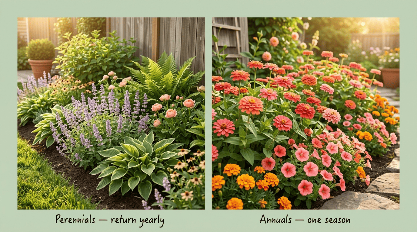 Side-by-side comparison of a perennial flower bed and an annual flower border in a sunny garden