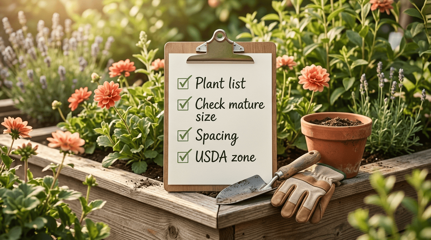 Garden planning checklist on a clipboard: plant list, mature size, spacing, and USDA zone