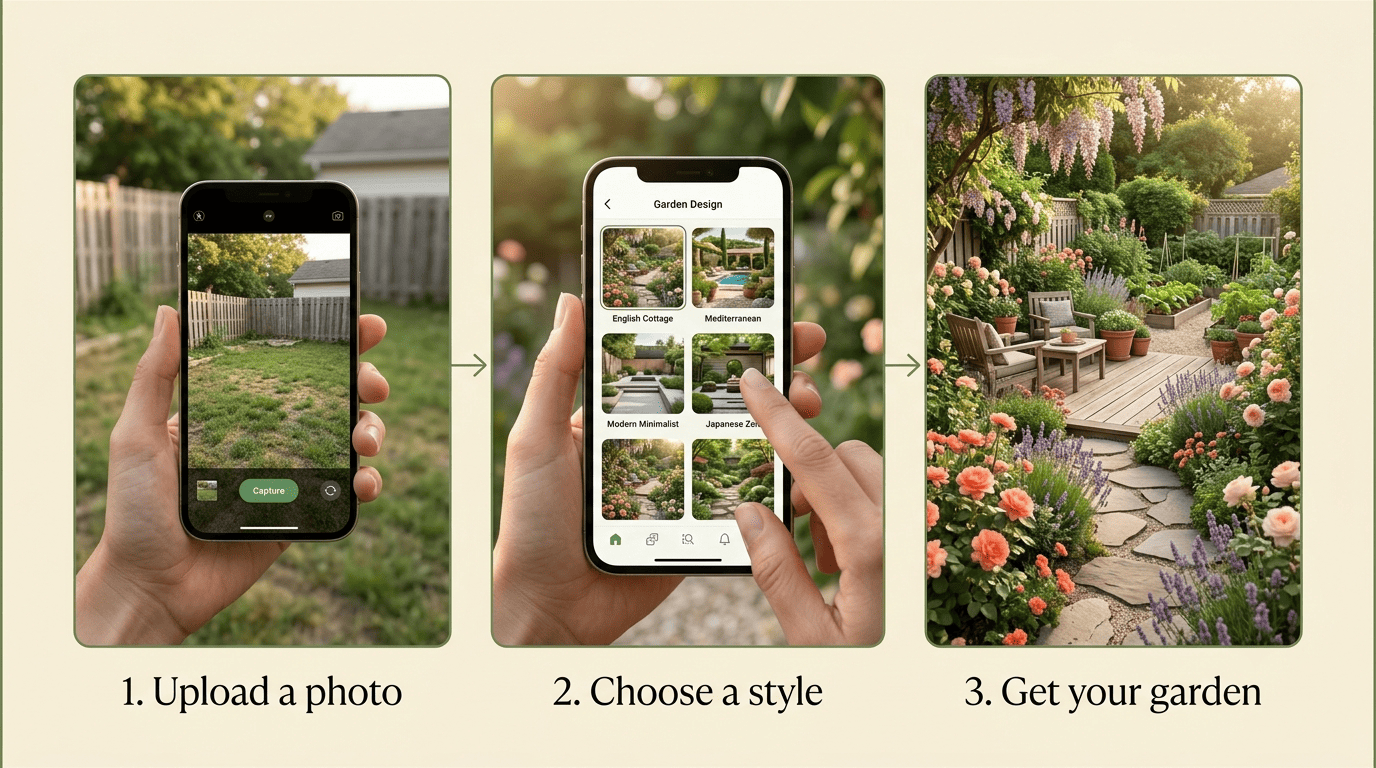 Three steps of AI garden design from a photo: upload a photo, choose a style, and get a rendered garden