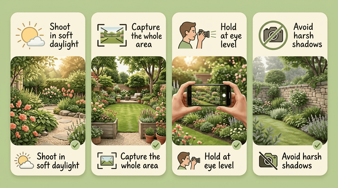 Checklist of tips for photographing your yard for AI garden design