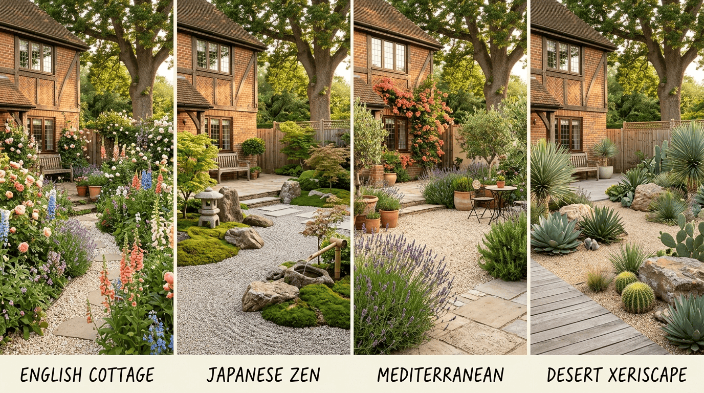 The same backyard reimagined in English cottage, Japanese Zen, Mediterranean, and desert xeriscape styles