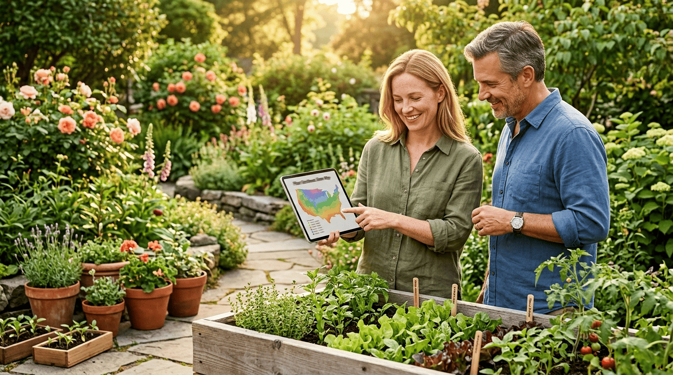 A garden designer and homeowner checking a USDA plant hardiness zone map on a tablet in a garden
