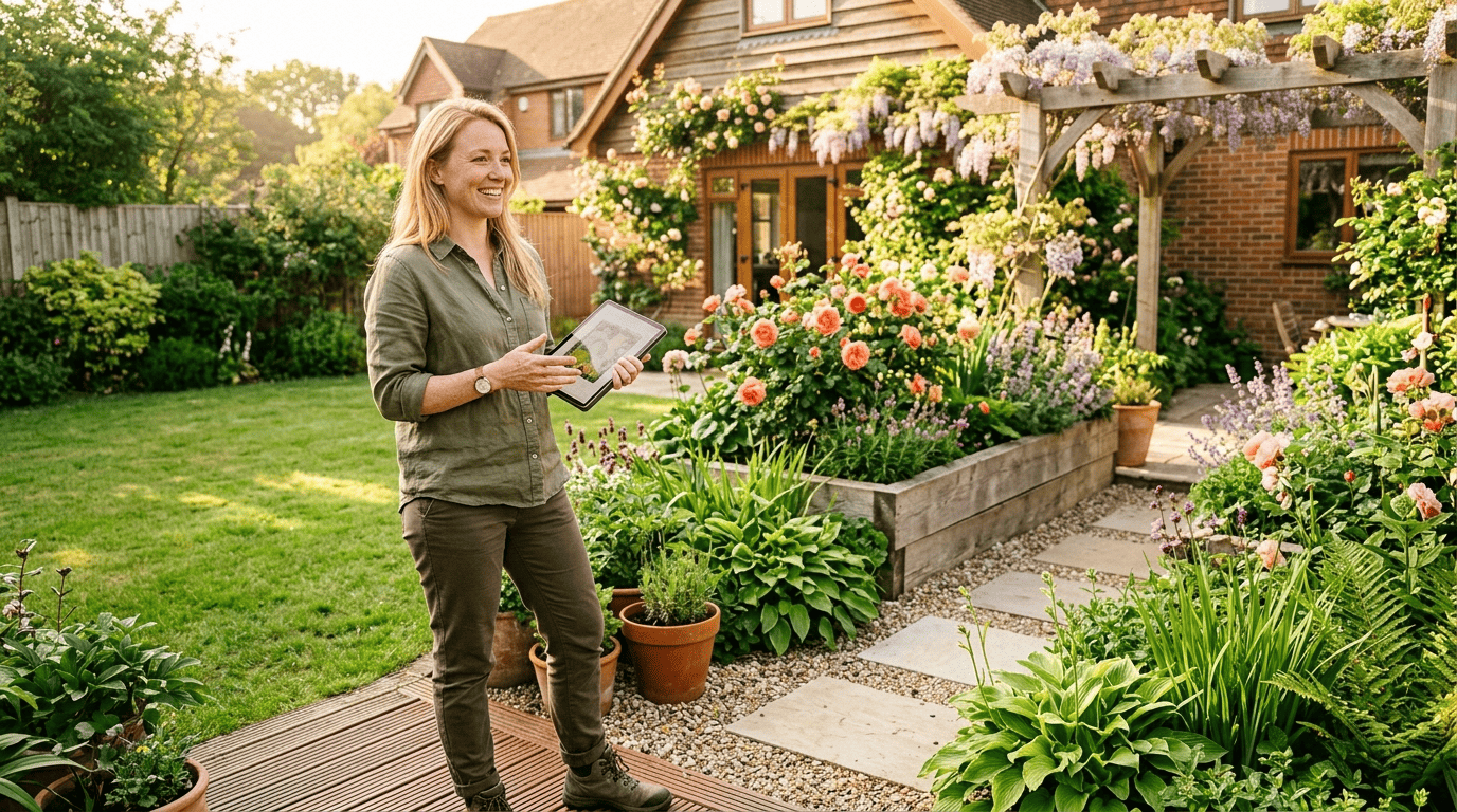 A garden designer holds a tablet showing a design plan in a sunny backyard being transformed