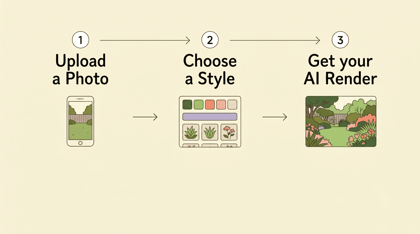 Three-step diagram: upload a photo, choose a style, get an AI render
