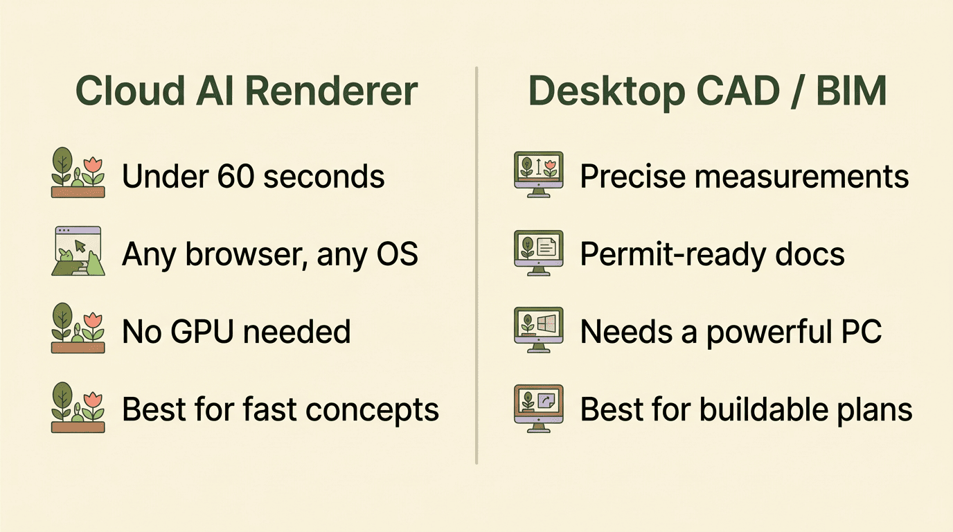 Split comparison of cloud AI renderer versus desktop CAD and BIM features