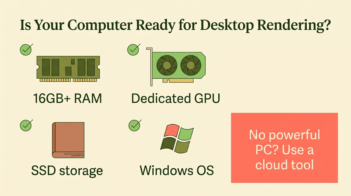 Checklist: 16GB+ RAM, dedicated GPU, SSD storage, Windows OS, or use a cloud tool