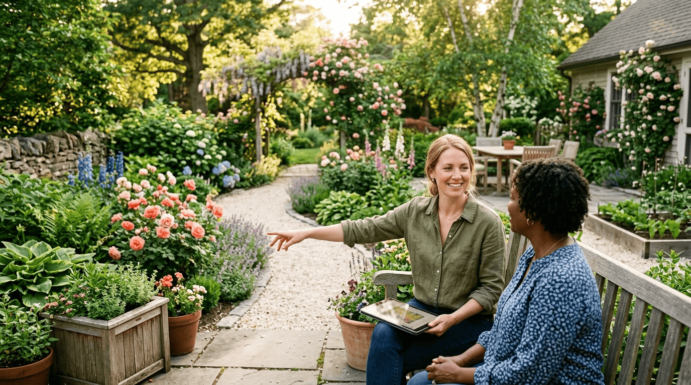 Garden designer using a tablet to plan a backyard garden with a homeowner