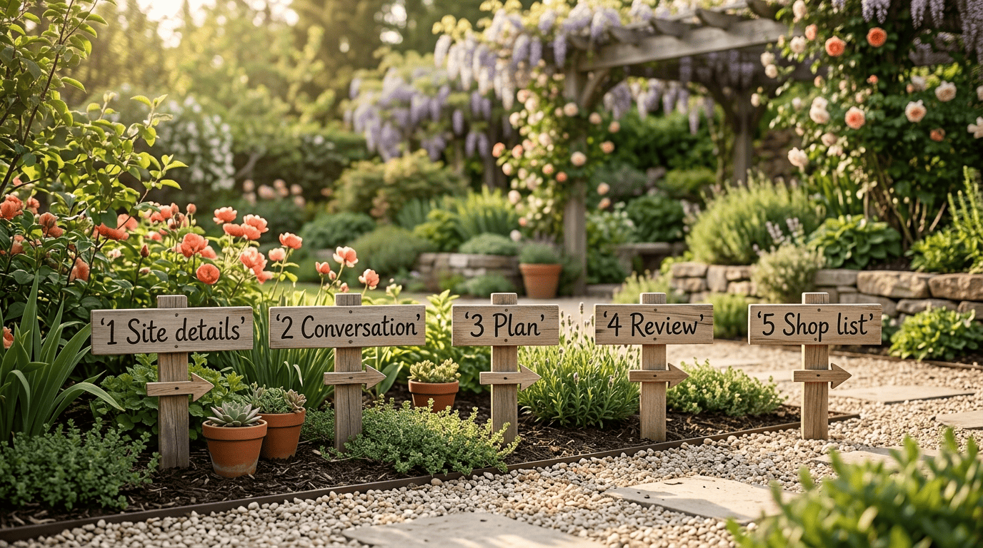 Five wooden garden signs showing the five steps of planning a garden with ChatGPT
