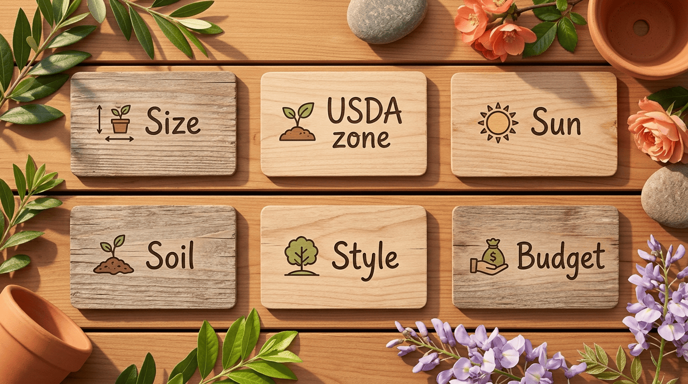 Six labeled wooden cards: Size, USDA zone, Sun, Soil, Style, Budget