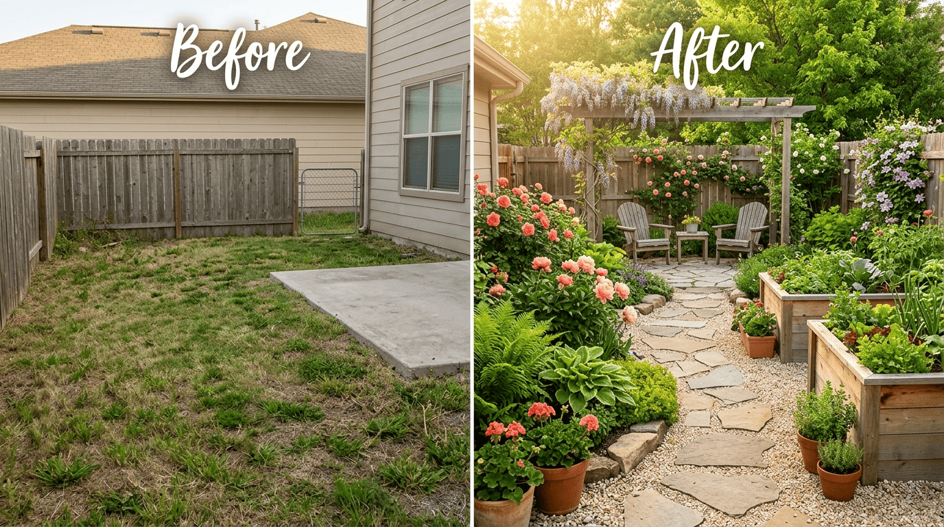Before and after split of a backyard transformed from bare lawn to a lush designed garden