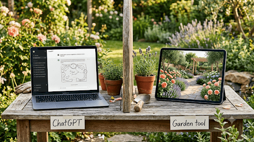 A laptop labeled ChatGPT beside a tablet labeled Garden tool, comparing AI garden design