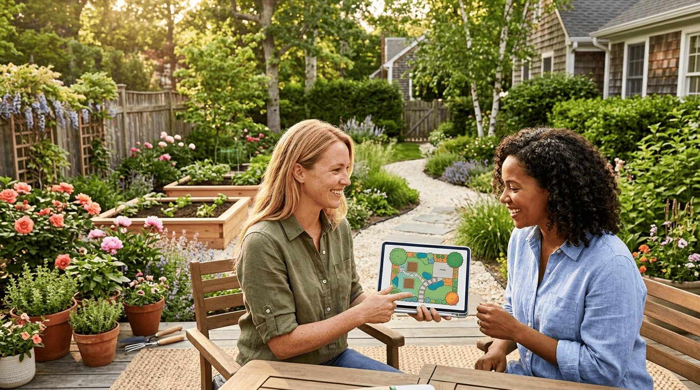 A homeowner and a garden designer review an AI-generated garden plan of the backyard on a tablet