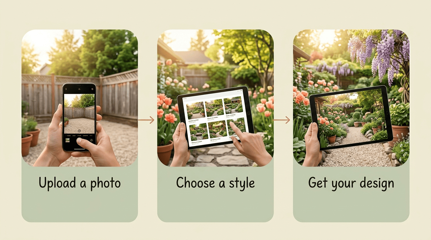 Three-step process: upload a photo, choose a style, get your garden design
