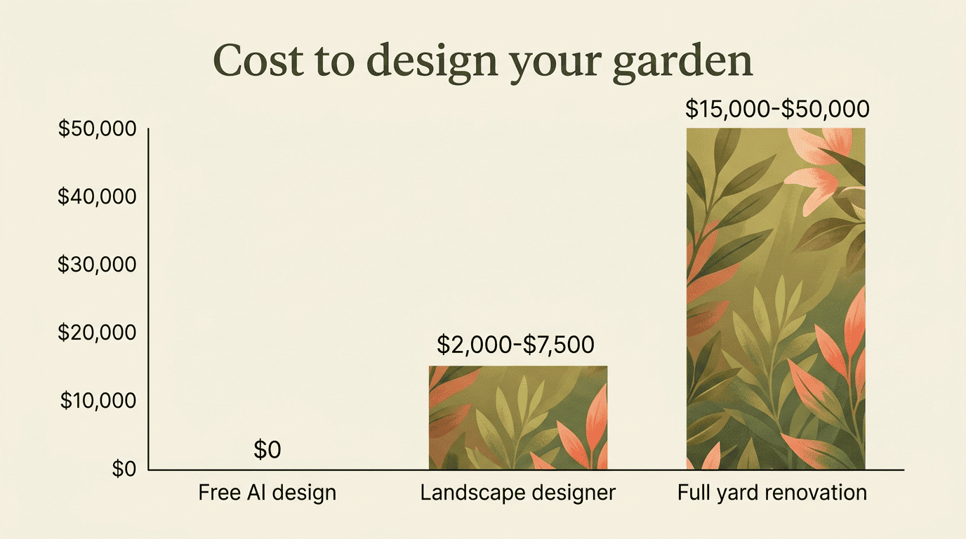 Bar chart comparing the cost of free AI design, a landscape designer, and a full yard renovation