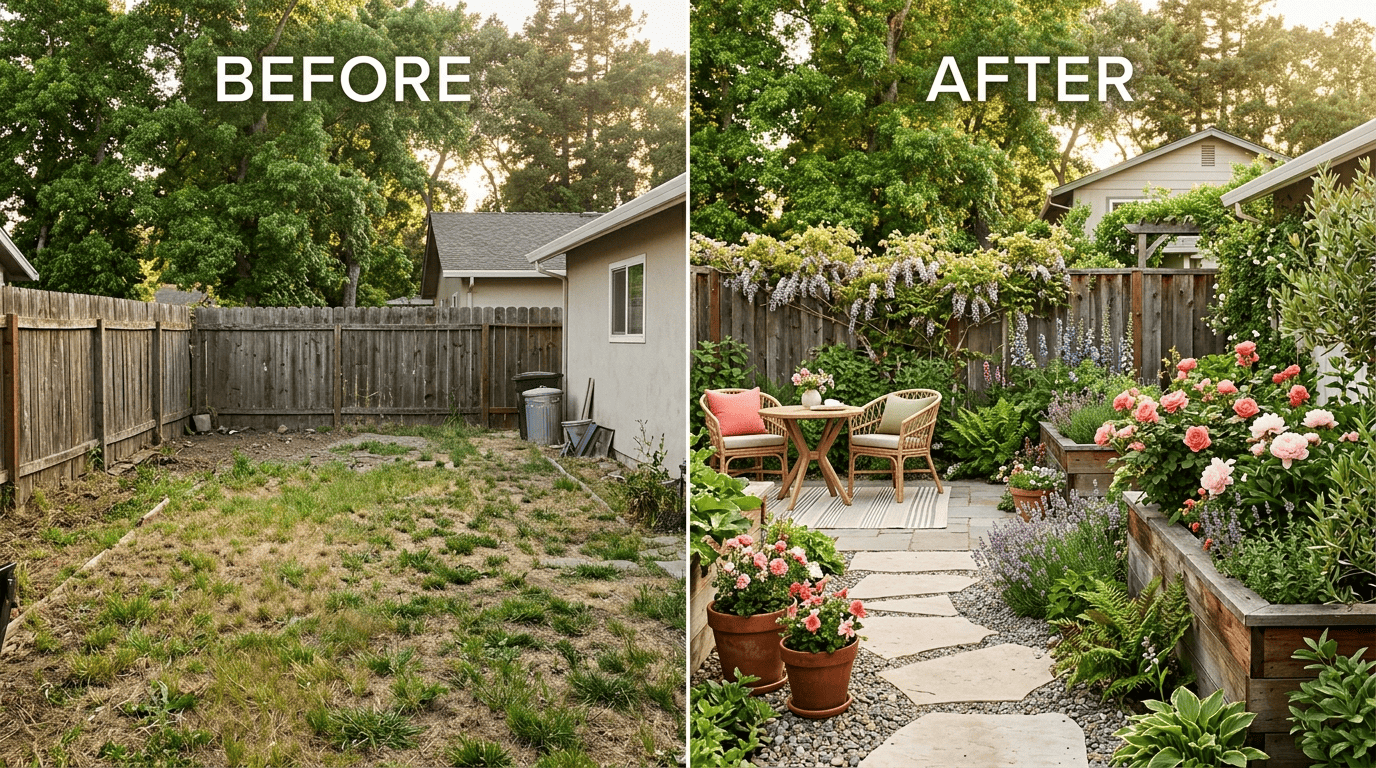 Before-and-after split of the same backyard, from a bare lawn to a lush redesigned garden