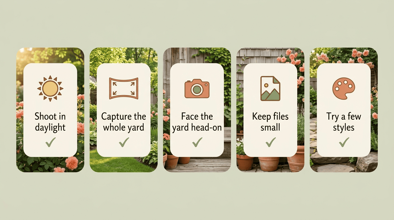 Checklist of five tips for taking a photo that AI garden design tools can read well