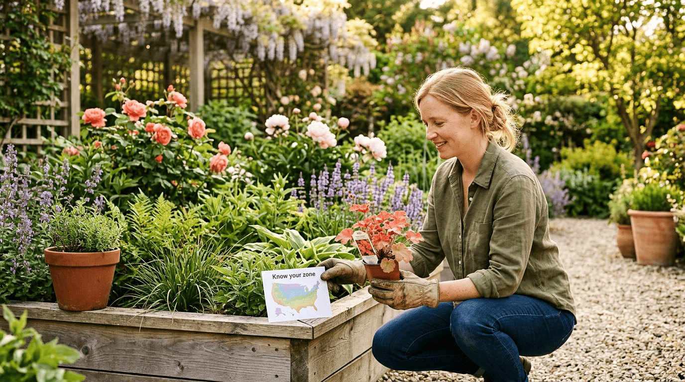 A garden designer matches a plant to a USDA hardiness zone map before planting