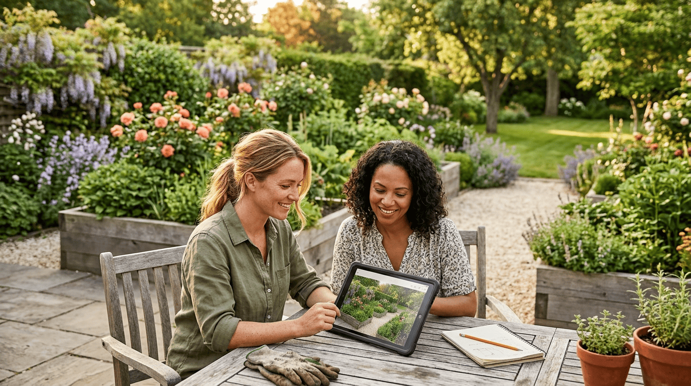 A garden designer and a homeowner review an AI garden design render on a tablet in a sunlit backyard
